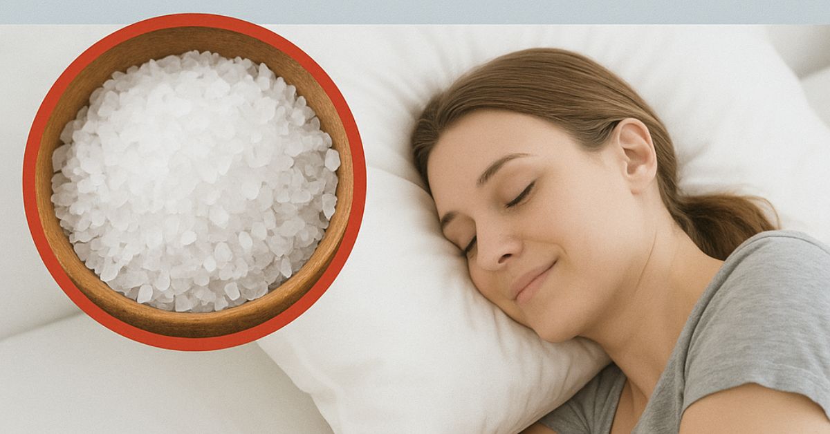 Donna che dorme serenamente con un cuscino bianco, accanto a un cerchio evidenziato con sale grosso in una ciotola di legno; immagine che illustra il rimedio del sale sotto il cuscino per migliorare il sonno.