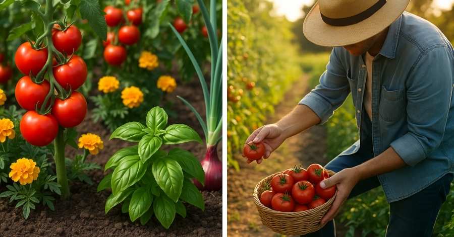 Pomodori rossi crescono accanto a basilico, tagete in fiore e cipolla rossa in un orto estivo.