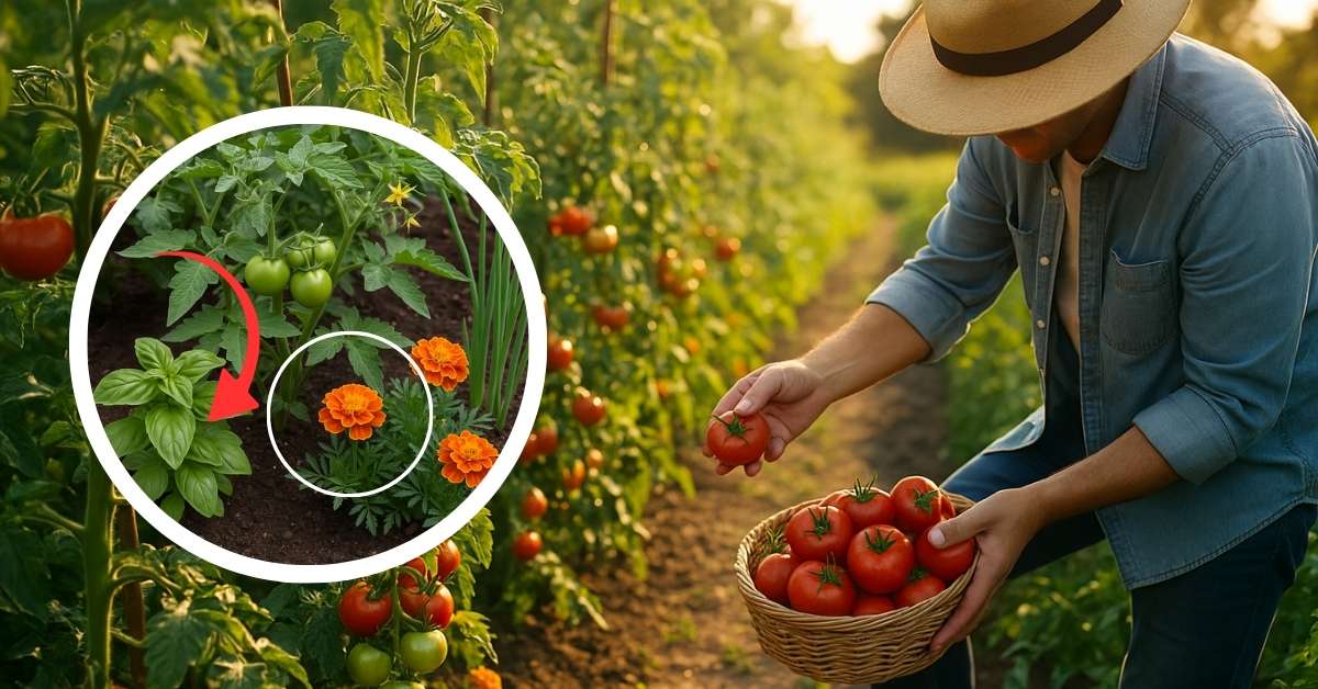 Giardiniere con cappello di paglia raccoglie pomodori maturi in un orto soleggiato e rigoglioso.