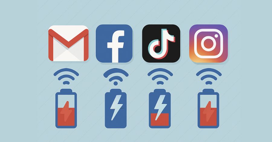 App come Gmail, Instagram e Facebook si aggiornano automaticamente in background, causando consumo di batteria e dati.