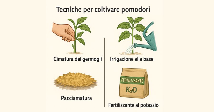 Tecniche per coltivare pomodori: cimatura dei germogli, irrigazione alla base, pacciamatura e fertilizzante al potassio