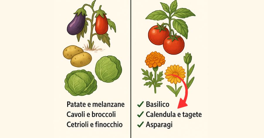 Pomodori appassiti accanto a melanzane e patate, a confronto con pomodori rigogliosi vicino a basilico e calendula